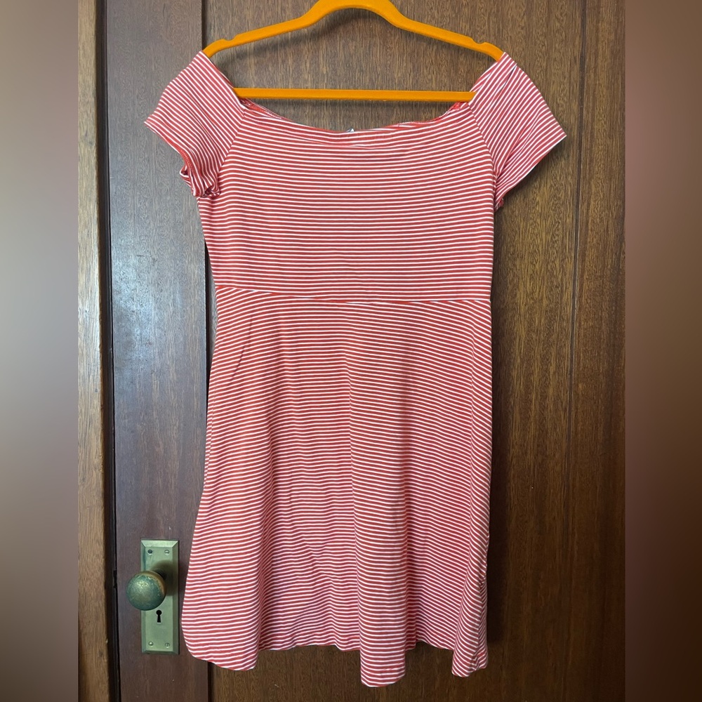 Cute red/orange striped off the shoulder fit and flare dress